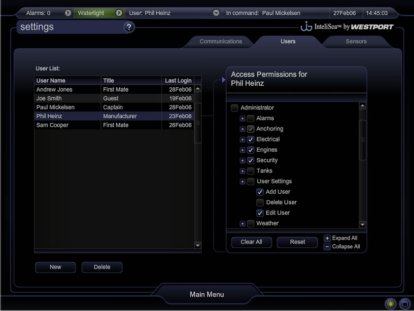 InteliSea Settings Screen Image